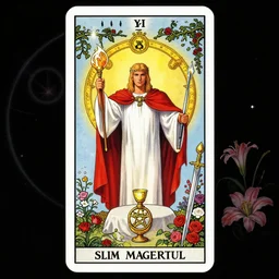 tarot card of all powerful slim Magician, infinity, infitite potential, ourosboros, white robe, purity, red cloak, 80s movie poster, mighty hero, knowledge, table in front with a cup, pentacle, sword and wand – water, earth, air and fire, vines, roses, lillies, unlimited potential, flowers, fruition of ideas by frank frazzeta, brom, luis royo, Zdzisław Beksiński and thu berchs James Gurney unreal engine, Trending on artstation.