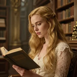 cinestill 5 0 d wide angle portrait of a dreamy beautiful woman britt marling 3 / 4 by roversi taking a book in a dystopian fantasy library, long hair, wearing lace, 8 k, elegant, highly detailed, pale gold matt, soft blur, artstation, sharp focus, head in focus,