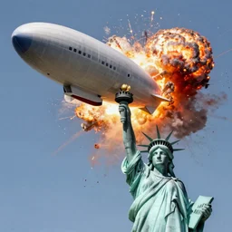 disaster photography, of giant zeppelin crashing in to the statue of liberty, full color, insane explosion, 8k, hd, high resolution
