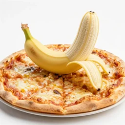 a photo a whole unpeeled banana on top of a pizza, food photo, professional food photo, iphone, whole banana 4 k