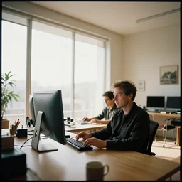 kodak portra 4 0 0 photographic and realistic, a modern room large windows with a clean desk, nothing on the desk except for a desktop computer, detailed, a professional writer sitting at the desk, octane render, unreal engine, 4 k, artstation, hyper realistic, wide angle, 3 5 mm, sharp focus, warm light, in the style of gregory crewdson