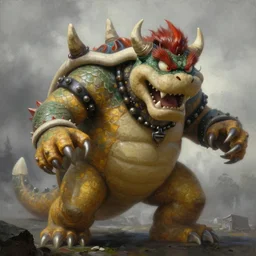 concept art of bowser gigantic and demonic with huge horns and scales and talons, a painting by beksinski, by ruan jia, by austin osman spare, symbolist painting, mist, volumetric render, digital painting, detailed painting, occult