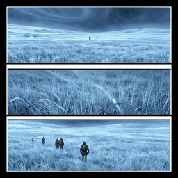 no border 3 panel graphic novel layout frozen grasslands cryogenic tears of hyperspace loneliness futuristic small unit tactics behind enemy lines littoral combat photorealistic graphic novel layout by michael komarck, greg rutkowski, victo ngai, artgerm, willem claesz heda and j. dickenson roger deakins john seale syd mead