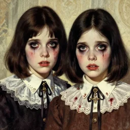 a beautiful and eerie vintage pulp illustration of two beautiful but creepy siblings wearing vivienne westwood collars in layers of fear, with haunted eyes and dark hair, 1 9 7 0 s, seventies, wallpaper, a little blood, morning light showing injuries, delicate embellishments, painterly, offset printing technique, by brom, robert henri, walter popp
