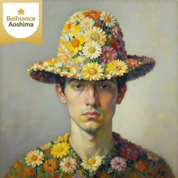 a painting of a man with a strange hat on his head, a surrealist painting by Chiho Aoshima, behance contest winner, metaphysical painting, made of flowers, oil on canvas, detailed painting,