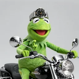 kermit wearing a rolex submariner on his head while driving a harley davidson, picture, pointing towards viewer.
