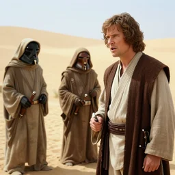 a still of alec guiness!!!! as obiwan kenobi!!! speaking with jawas! in the desert in star wars