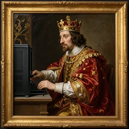 king henry viii building a pc, wearing a crown and royal robes, 17th century detailed oil painting with a gilded frame