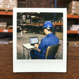 a polaroid photo of man using a laptop inside in warehouse, he sitting on chair and small table, he's wearing blue cloth and construction hat, photo from behind, high details, perfect face shape