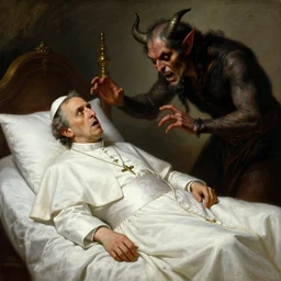 the catholic pope in his bed, scared, because a horned demon is attacking him. highly detailed painting by gaston bussiere, greg rutkowski, craig mullins 8 k