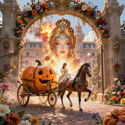 fairytale princess with lovely detailed face entering the gates of her majestic palace of flowers while it explodes , with horse driven , carriage made of pumpkins , epic scene unreal render depth of focus blur hyperrealistic detail Star Wars mucha Alice Tim burton fantasy art behance