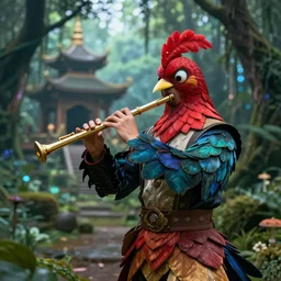 man dressed as a bird playing the flute in a magical forest playing a golden flute in the background a temple is seen
