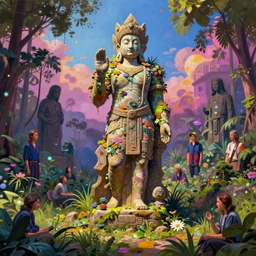 ancient overgrown statue in a clearing, extremely detailed digital painting, vibrant colors, in the style of tomasz alen kopera and fenghua zhong and peter mohrbacher, by jacek yerka, mariusz lewandowski, houdini algorithmic generative render, mystical colors, rim light, beautiful lighting, 8 k, stunning scene, raytracing, octane, trending on artstation, masterpiece, zdzislaw beksinski, mark ryden, wolfgang lettl, hints of yayoi kasuma