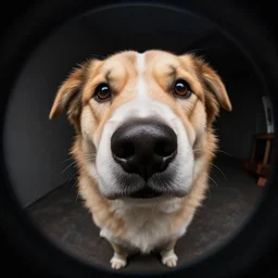 Dog sniffing the camera, close-up, highly detailed, professional photography, fisheye lens, 4K, 8K