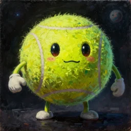 cinematic portrait of a tennis ball monster in the abyss of space, oil on canvas, masterpiece, trending on artstation, featured on pixiv, cinematic composition, dramatic pose, beautiful lighting, sharp details, hyper-detailed, HD, HDR, 4K, 8K, art by Basil Gogos