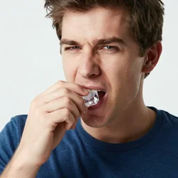 man eating ice cubes