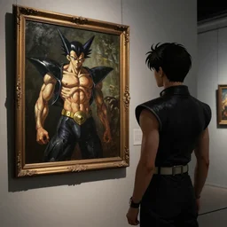 a photography of char aznable looking at a oil painting of garma zabi  at art gallary , detailed, artstation, dark