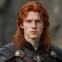 masterpiece closeup portrait of a young man with red hair in adventuring gear by Rembrandt, 4k, masterpiece, cinematic, dungeons and dragons, detailed
