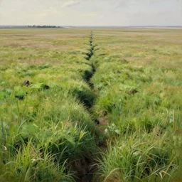 an expansive grassland with narrow crevasses, a narrow crevasse in a grassland, extremely detailed oil painting, sargent and leyendecker, savrasov levitan polenov, bruce pennington, tim hildebrandt, digital art, landscape painting, trending on artstation, masterpiece