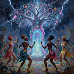 african women dancing around a glowing, energized, steampunk neon portal near the electric tree of life in a lightning storm, by greg rutkowski, loish, rhads, artgerm and justin bua!!!. oil on canvas, detailed and intricate environment, radiant lighting. highly detailed. masterpiece