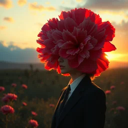 giant carnation flower head, girl in suit, surreal photography, sunrise, dramatic light, impressionist painting, digital painting, artstation, simon stalenhag