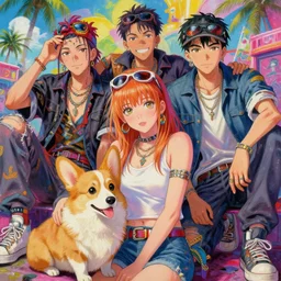 beautiful anime portrait painting of sunny hiphop solarpunk royal summertime chill with corgi, by dao le trong, daniela uhlig, craig mullins, craig davison. trending on artstation, 8 k, masterpiece, graffiti paint, fine detail, full of color, intricate detail, golden ratio illustration