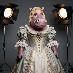 Pop star Madonna as a Hippo wearing a Victorian era dress designed by Sandy Powell, Rick Baker makeup and prosthetics, studio lighting, photographed in the style of Annie Leibovitz