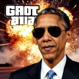 Barack Obama wearing Sunglasses, explosion in the Backround, gta cover art