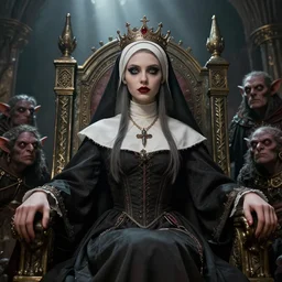 highly detailed closeup portrait of a goth fairytale nun princess wearing a crown and sitting on a throne, surrounded by medieval goblins, unreal engine, nicoletta ceccoli, mark ryden, earl norem, lostfish, global illumination, god rays, detailed and intricate environment