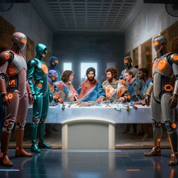 !13 diverse cybersuits on !one_side of a reflective !cybernetic table, !!posing_as_last_supper, detailed glowing orange implants, teal, satin, !!highly detailed, beautiful lighting