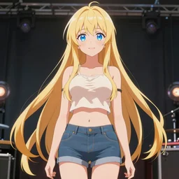 a very beautiful anime girl, full body, two meter long golden hair, sky blue eyes, full round face, short smile, short jeans, cute top, metal concert setting, cinematic lighting, medium shot, mid-shot, highly detailed, trending on Artstation, Unreal Engine 4k, cinematic wallpaper by Stanley Artgerm Lau, WLOP, Rossdraws, James Jean, Andrei Riabovitchev, Marc Simonetti, and Sakimichan