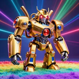floor is fluffy rainbow foam, portrait photo of a giant huge golden and blue metal steampunk robot, with gears and tubes, eyes are glowing red lightbulbs, shiny crisp finish, 3 d render, 8 k, insaneley detailed, fluorescent colors, background is multicolored lasershow