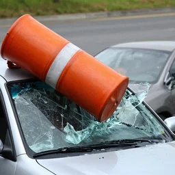 1993 nissan maxima windshield smashing into a million pieces, large orange traffic construction drum bouncing off windshield