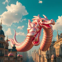 elaborate, giant, massive, detailed, shiny, 3 d, pastel, blowup balloon dragon with eyes and mouth, twisting geometry, floating in a 3 d painted sky, cinematic, 3 d designed city, 4 k by'eva cremers'and'lesley barnes'and'jordan coelho'