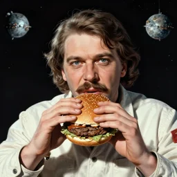 Joseph Stalin eating a hamburger in space, digital art