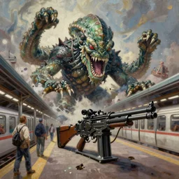 oil painting of giant Cthulhu destroying a metro station with a M40 Machine Gun, highly detailed, H P Lovecraft