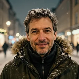 closeup portrait of a middle - aged man, wearing a parka, slight smile, snow, street at night, christmas in berlin, art by rebecca guay