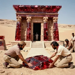 colorful vintage film photograph of archaeologists uncovering a desert temple made of ruby glass, national geographic award winning