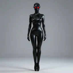 hooded flat slim thin petite female plague doctor, in extra tight shiny black seamless latex suit, long sleeves, turtleneck, trending on artstation, latex plague crow mask, red glowing goggles, ballet boots, establishing shot, fullbody shot