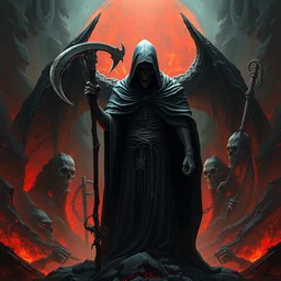 death in front of hell with a cloak and a sickle in his hand, ominous, realistic smooth detailed artwork, intricate lines, concept art, scene art, panorama, artstation, arsen asyrankulov, antonino truisi, generate four pictures
