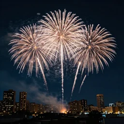 fireworks stars night skyline buildings