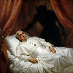 the pope wakes up is his bed, sweating, nervous and terrified, a shadow demon lurks in the curtains of the papal bedroom. highly detailed painting by gaston bussiere, j. c. leyendecker, greg rutkowski, craig mullins 8 k