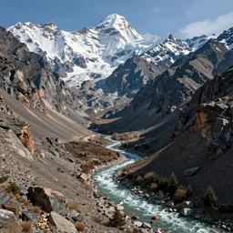 rocky mountain landscape, river flowing down a valley, snow - capped, by greg rutkowski, intricate, very detailed, octane render, volumetric lighting, 4 0 mm