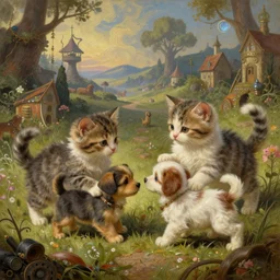 painted closeup of fantasy battlefield, cute kittens fighting cute puppies, fantasy intricate elegant extremely detailed digital painting trending artstation concept art sharp focus illustration art by gustave courbet greg rutkowski craig mullins