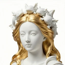 full head and shoulders, beautiful female porcelain sculpture by daniel arsham and raoul marks, smooth, large hair is solid gold, all face features are white, on a white background, delicate facial features, white eyes, white lashes, detailed white, lots of 3 d giant axolotls on the head