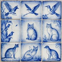 cats and birds in portuguese blue tiles