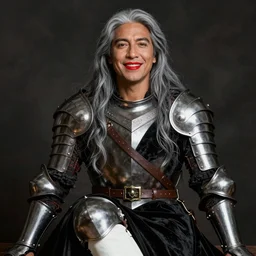 portrait of a warrior, mulatto, mestizo, very beautiful face, pleasant facial features, red lips, long gray hair, black closed velvet dress, leather armor, iron armor, white boots, clothes alexander mcqueen very beautiful style, photorealism, bouguereau, edgard maxence
