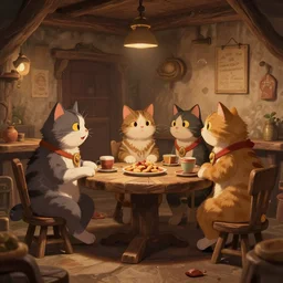 mindblowing cat folk talking inside a tavern, fantasy art, cozy, dnd, digital art, 4 k, sharp, uhd