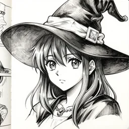 manga!!! manga ink sketch by yusuke murata close up headshot of a cute witch in the style of yusuke murata, one punch man manga book character by yusuke murata