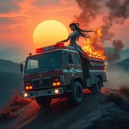 a korean woman riding on top of a burning firetruck off a hill, high quality, ultra detailed, a beautiful retrowave digital artwork, trending on artstation, masterpiece, 1 6 k